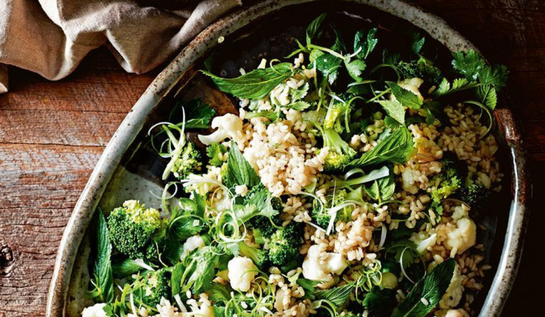 Warm Spiced Rice Salad with Fried Cauliflower and Broccoli